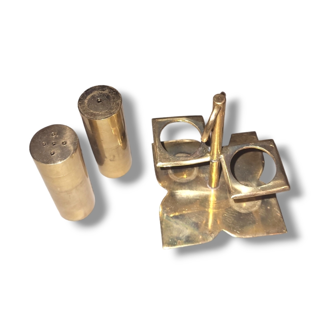 Danish MCM Brass Salt and Pepper set with holder - Picture 4 of 10